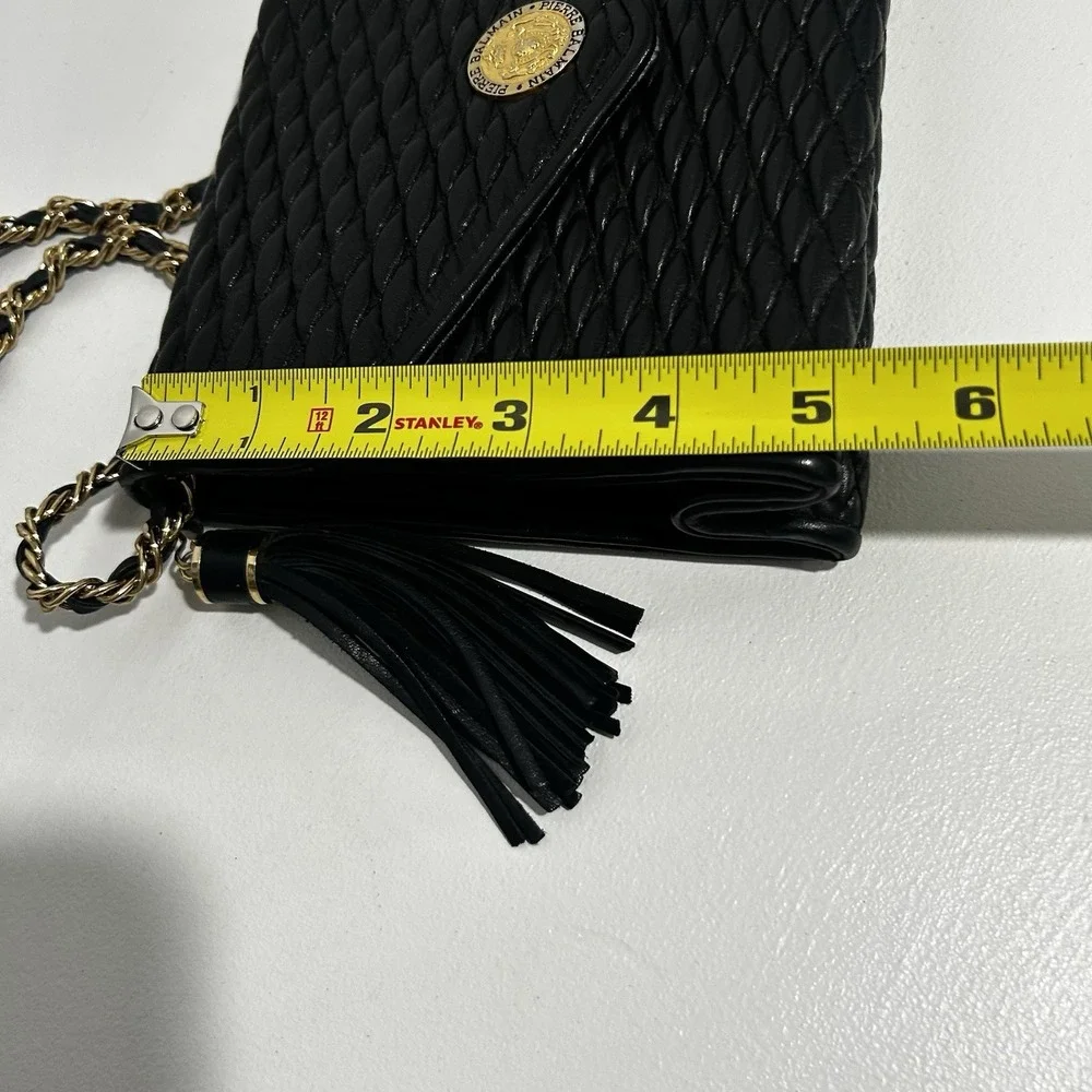 Vintage French Evening bag Pierre Balmain Black Leather Quilted Gold Strap Purse